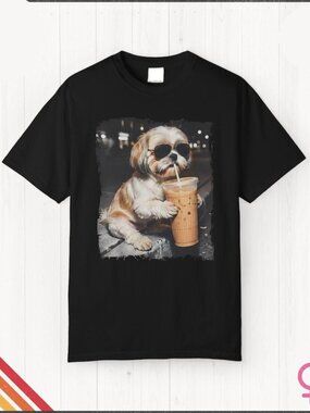 Shih Tzu Drinking Iced Coffee Shirt Dog Owner Gift, Funny Animal Meme Tshirt 254